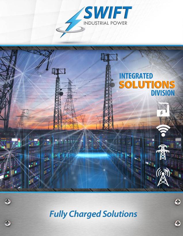 A tablet with an image of power lines and the words " integrated solutions division ".