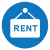 A blue and white icon of a sign that says rent.