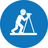 A blue and white icon of a man using a surveying tool.