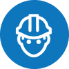 A blue circle with an image of a man wearing a hard hat.