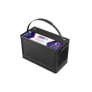 A black battery with purple and blue accents.