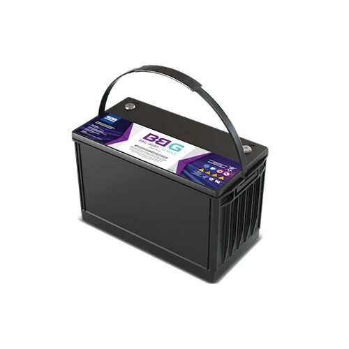 A black battery with purple and blue accents.