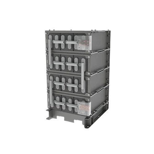 A large metal container with four crates stacked on top of it.