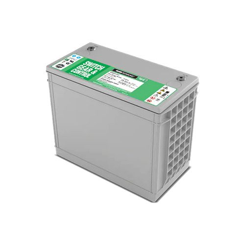 A gray battery with green and white label.
