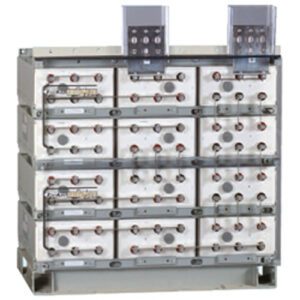 A large metal rack with many different batteries.