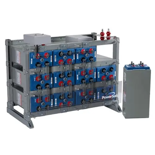 A rack with batteries and a battery box