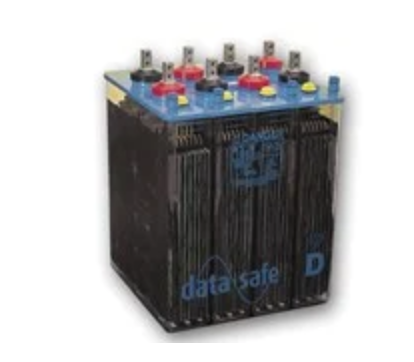 A black battery with blue and yellow buttons.