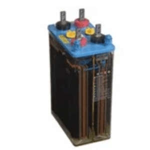 A blue battery with yellow and red buttons.