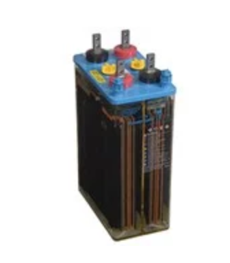 A blue battery with yellow and red buttons.