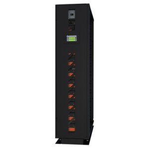 A black cabinet with many different types of batteries.