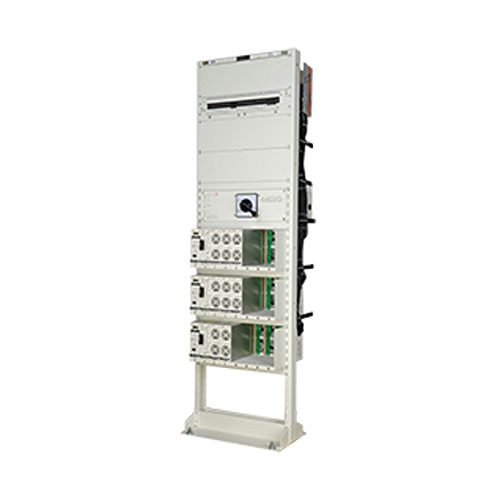 A tall rack with many different types of electronic equipment.