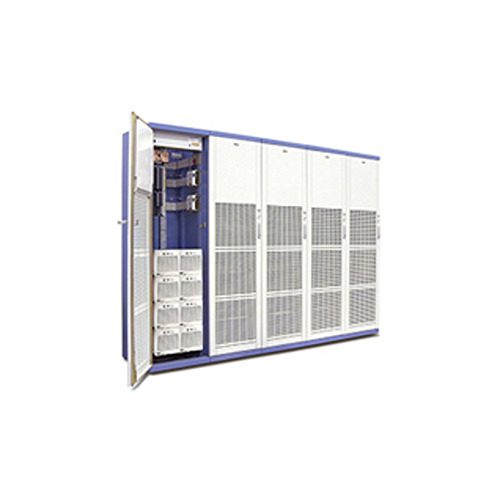 A large blue and white cabinet with many doors.