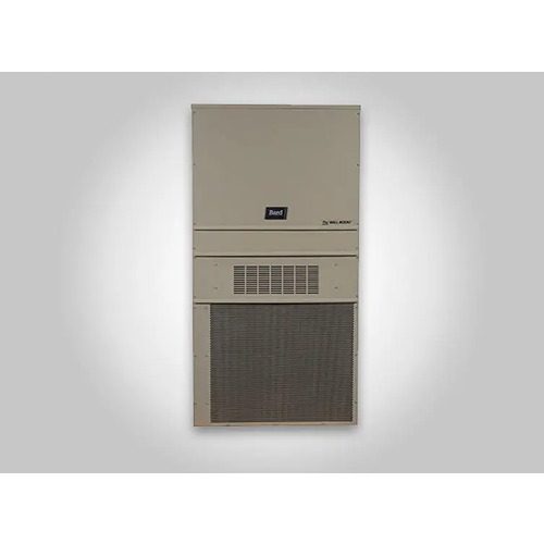 A wall mounted air conditioner unit with an open door.