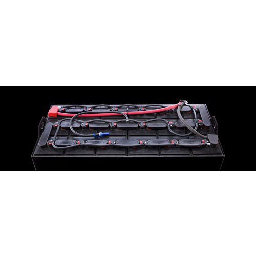 A black tray with wires and a red handle.