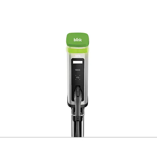 A close up of the front end of an electric car charger.