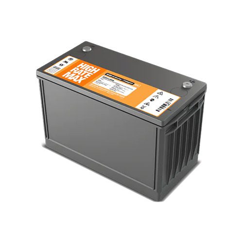A battery with an orange label on it.