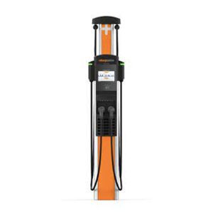 A picture of an orange and black electric car charger.