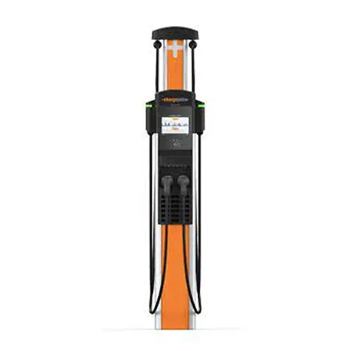 A picture of an orange and black electric car charger.