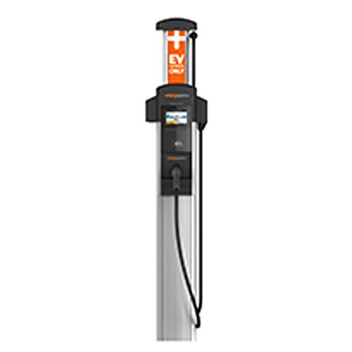 A black and orange electric car charger on top of a pole.