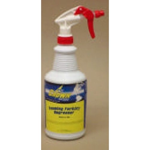 A spray bottle with a red handle on it.