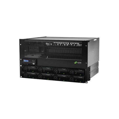 A black server rack with many different types of equipment.