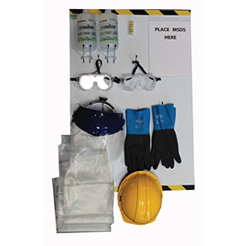 A group of ppe and gloves are laid out on the floor.