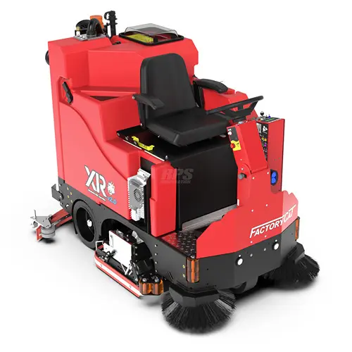 A red ride on sweeper machine with its seat up.