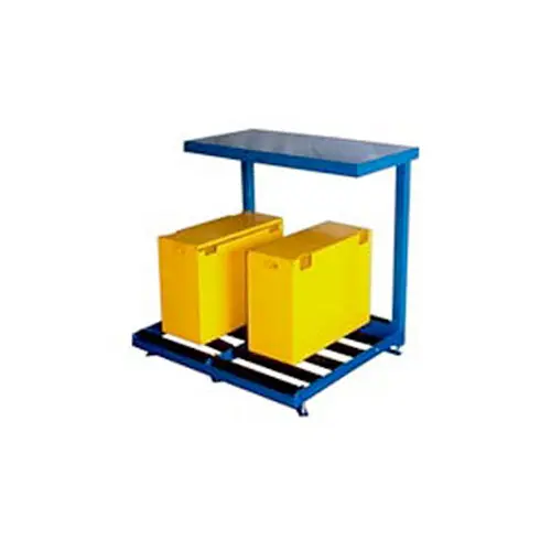 A blue cart with two yellow boxes on top of it.