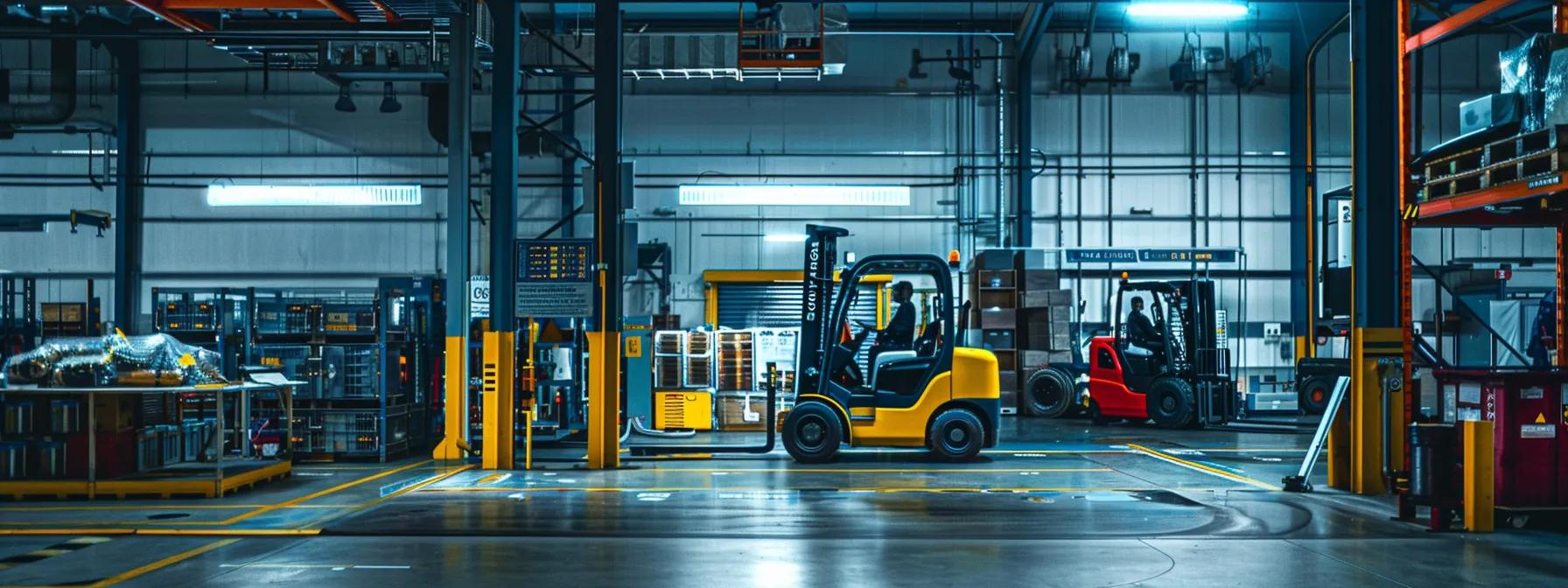 a well-organized industrial workshop features a brightly lit setting, showcasing a forklift with its battery being safely connected to a charger, surrounded by clearly marked safety signs and protective gear.