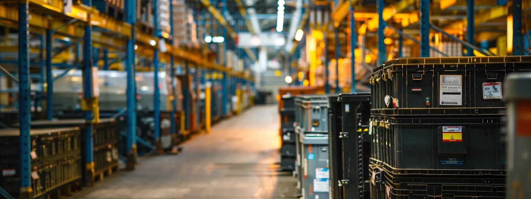 a dynamic industrial setting showcases a variety of forklift batteries on display, highlighting distinct types like lead-acid and lithium-ion, with informative labels emphasizing their unique characteristics and the impact of environmental factors on battery longevity.