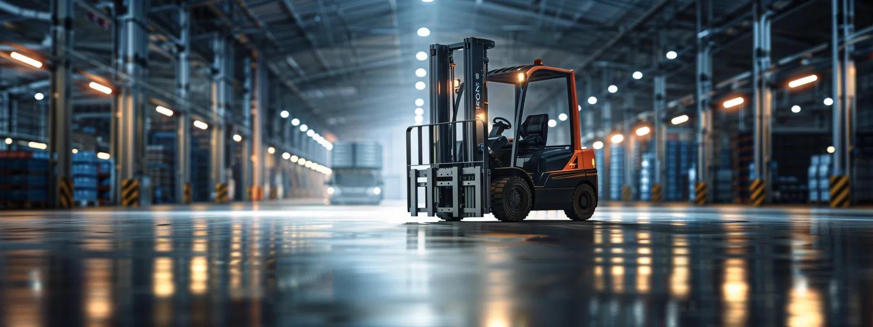 a modern warehouse setting showcases a robust forklift equipped with a high-efficiency battery and advanced accessories, illuminated by bright industrial lighting, emphasizing optimal performance and cutting-edge technology.