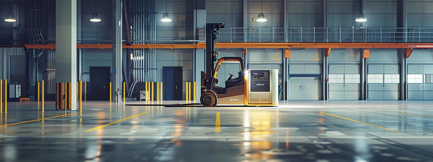 a modern warehouse environment showcases an advanced forklift battery charging station, featuring sleek, high-tech chargers and a digital monitoring display, highlighting the efficiency and innovation in optimizing energy use for business operations.