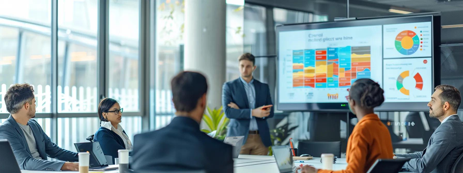 a sleek, modern office conference room featuring a large digital display showcasing a colorful infographic comparing various charging technologies for battery systems, with attentive professionals engaged in a discussion about enhancing efficiency and productivity.