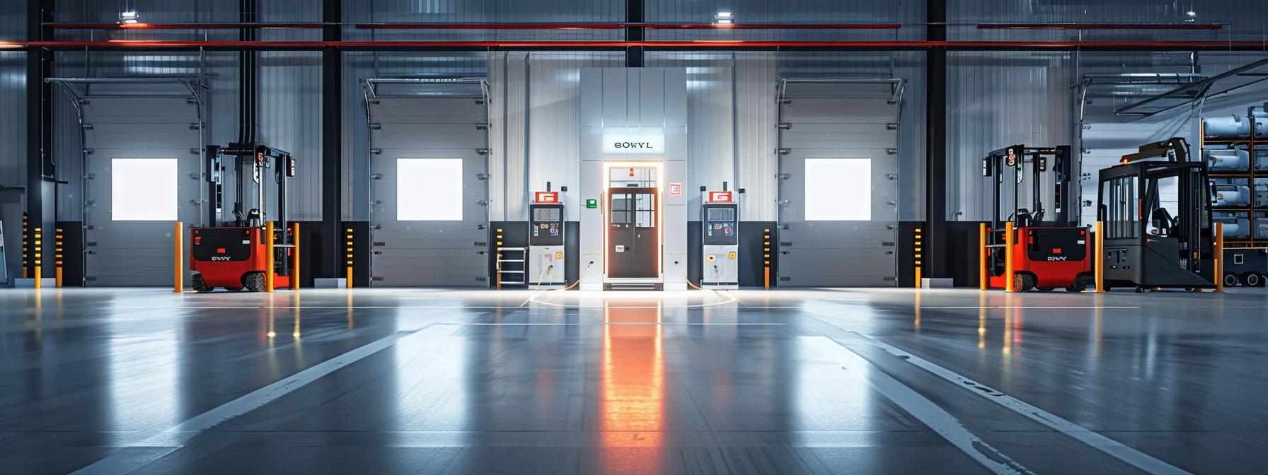 a sleek, modern warehouse interior showcases a fast charging station prominently equipped with advanced digital displays and commercial forklifts, emphasizing the efficiency and technology behind rapid battery restoration in a bustling logistics environment.