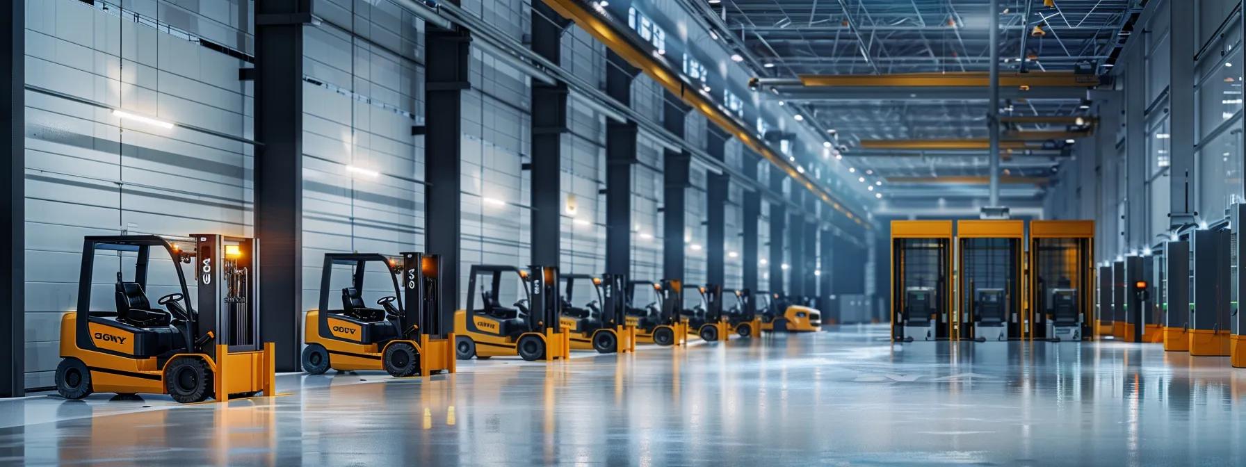 a sleek, modern warehouse with a row of forklifts neatly positioned next to advanced battery charging stations, showcasing a bright, organized environment with clear signage emphasizing optimal charging practices and battery maintenance protocols.