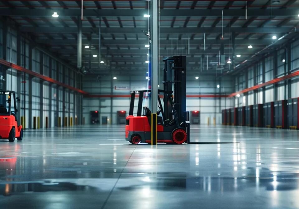 a modern industrial warehouse interior features a sleek, high-tech forklift charging station, illuminated by bright overhead lights, showcasing robust batteries in sleek designs while emphasizing the efficiency and innovation behind optimal commercial forklift battery solutions.