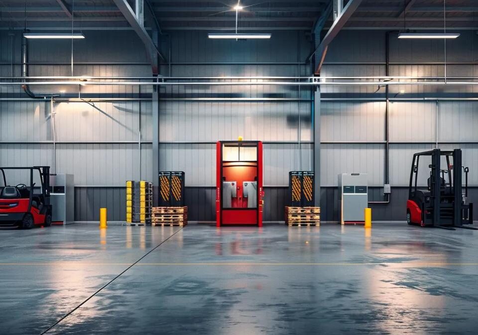 a modern warehouse interior showcases a sleek, organized battery charging station for forklifts, illuminated by bright overhead lights, with multiple fully charged batteries ready for efficient fleet management.