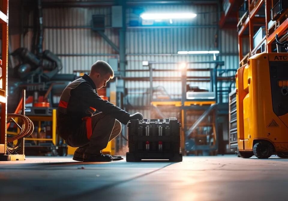 a close-up of a technician inspecting a forklift battery inside a well-lit industrial warehouse, surrounded by tools and maintenance equipment, conveying a sense of precision and care in battery maintenance practices.