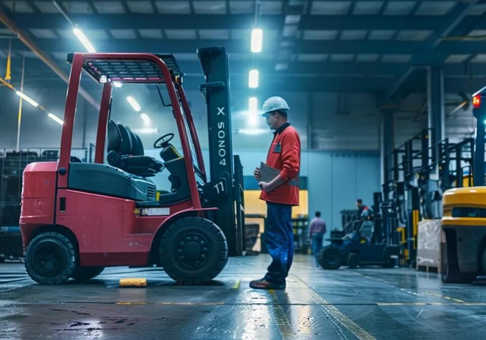 a well-organized industrial workspace showcases a technician meticulously inspecting a heavy-duty forklift battery, surrounded by maintenance tools and equipment, illuminated by bright overhead lighting that highlights the importance of battery care and performance optimization.
