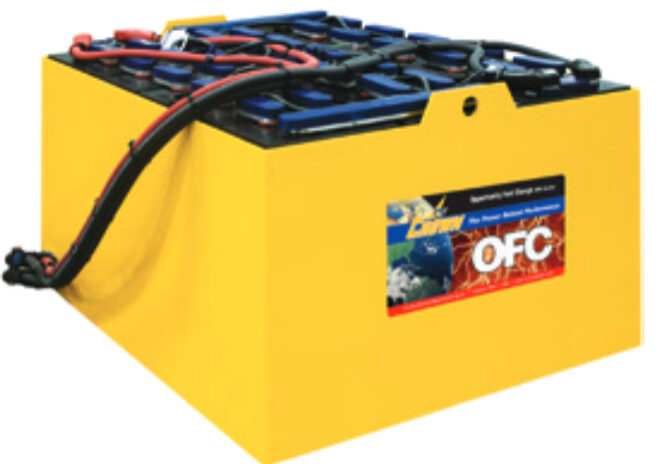 A yellow battery box with tools on top of it.