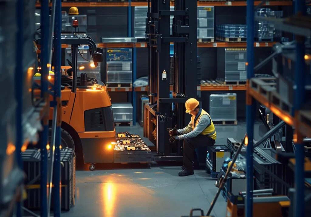 a highly detailed and well-organized warehouse workshop showcases a technician meticulously inspecting a robust forklift battery, surrounded by essential maintenance tools and equipment, illuminated by bright, focused industrial lighting.